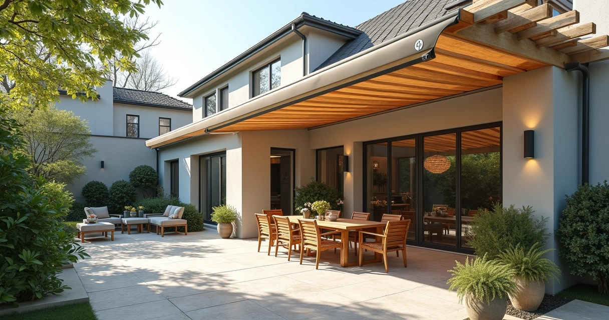 Architectural integration of retractable awning and pergola in backyard 