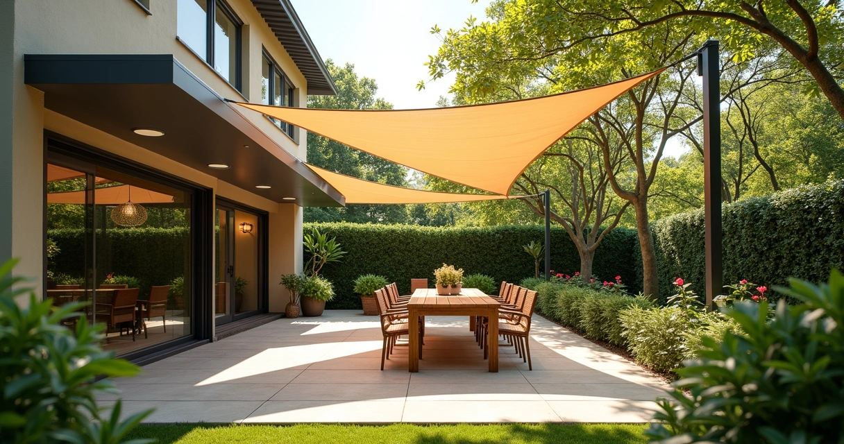 Covered patio with retractable awning, shade sails and natural tree cover 