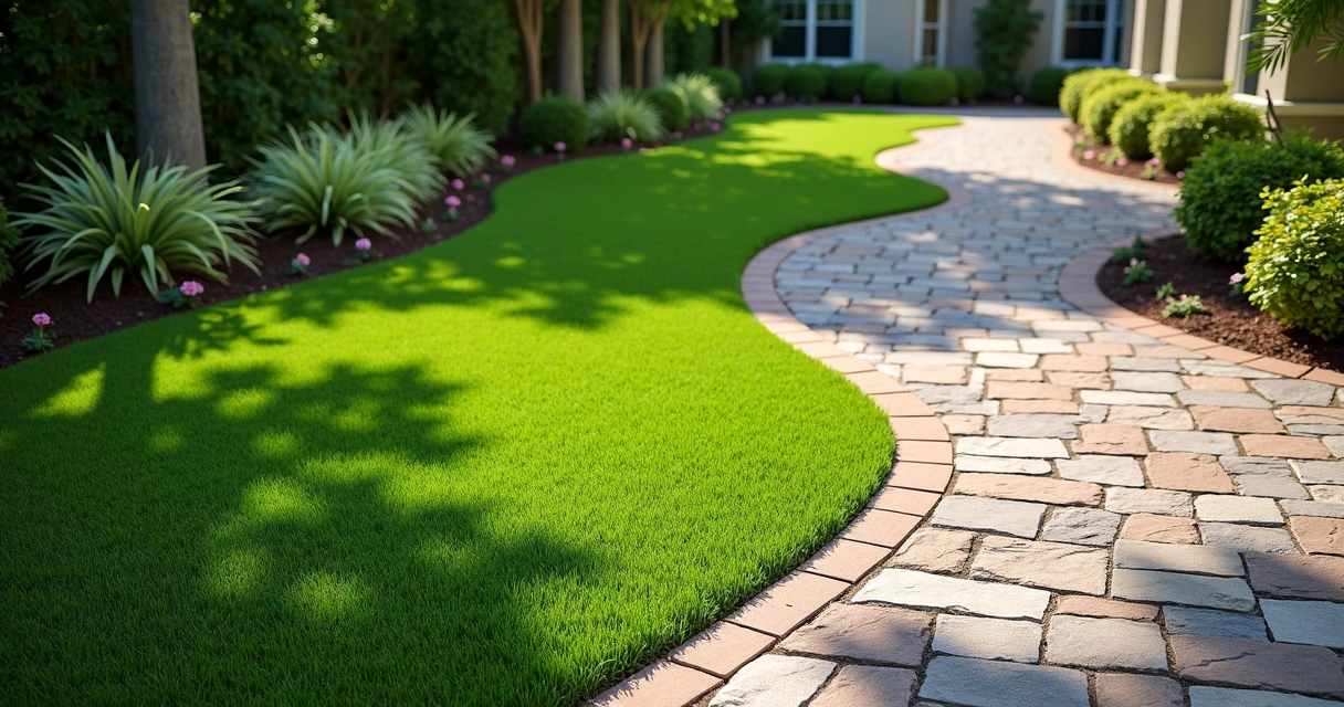Backyard with shaded artificial turf and stone paver walkway in Florida 
