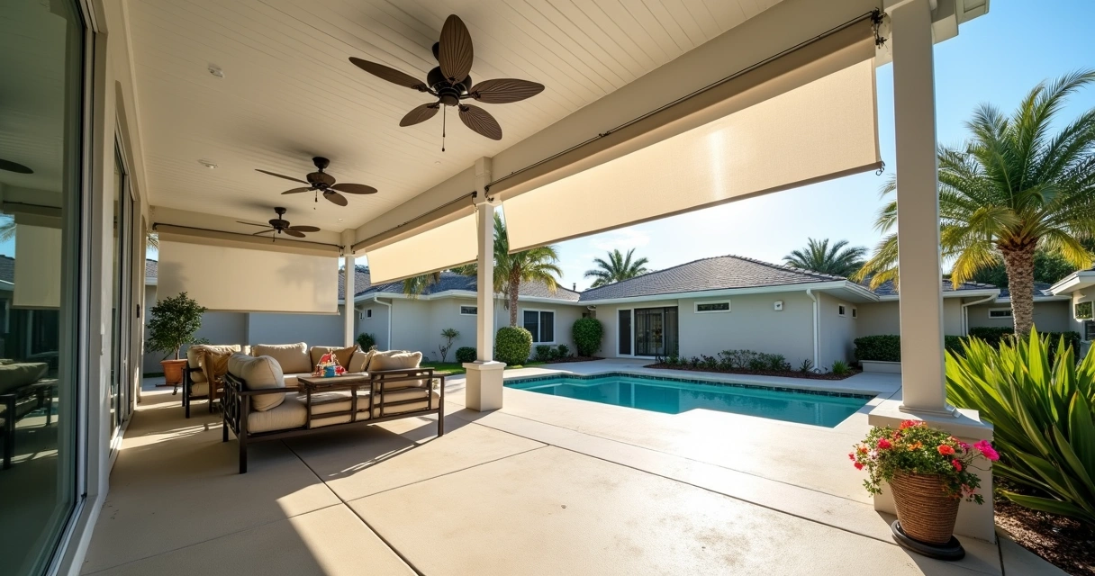 Covered Florida patio with fans and shade on a sunny summer day 