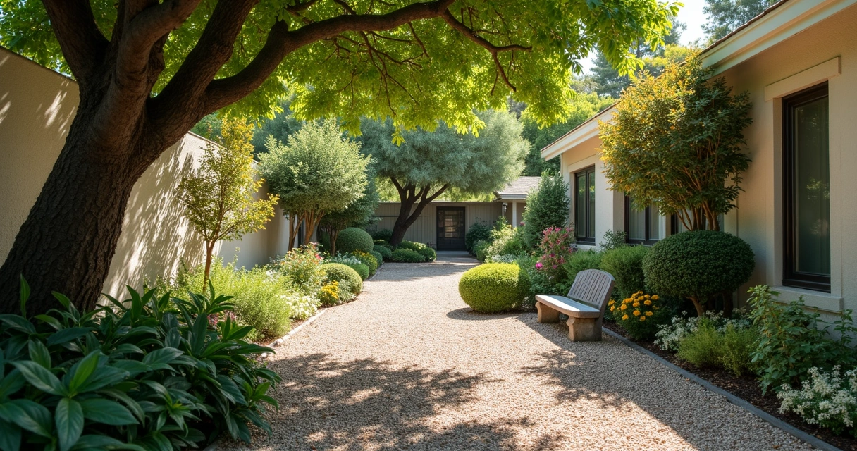 Low-water plants and shrubs under a shade tree 