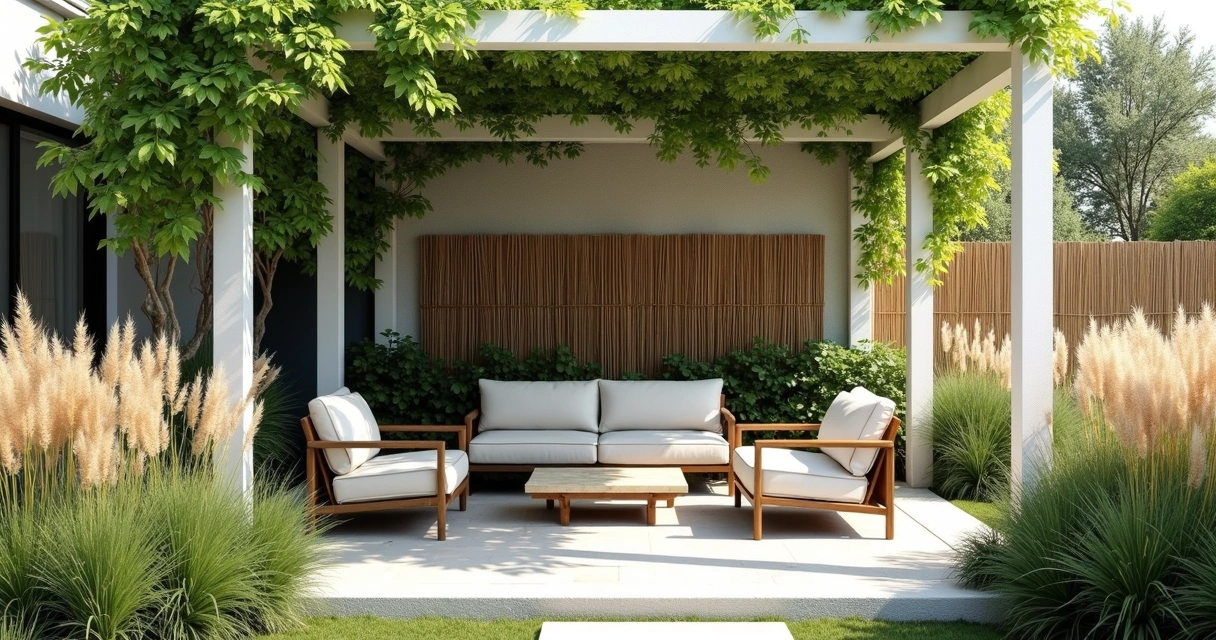 Patio seating under a pergola with breeze-channeled design 