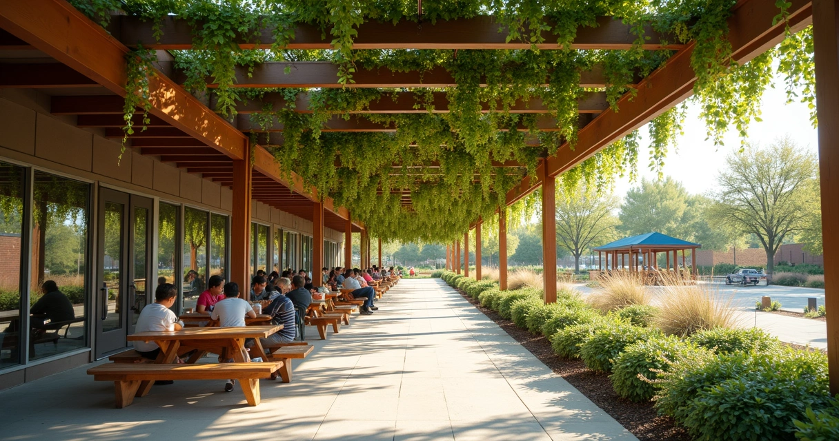 Pergola covered with vines over community center patio 