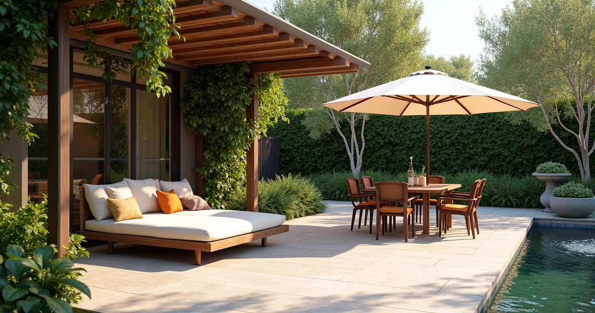 Shaded patio with distinct lounge and dining areas 