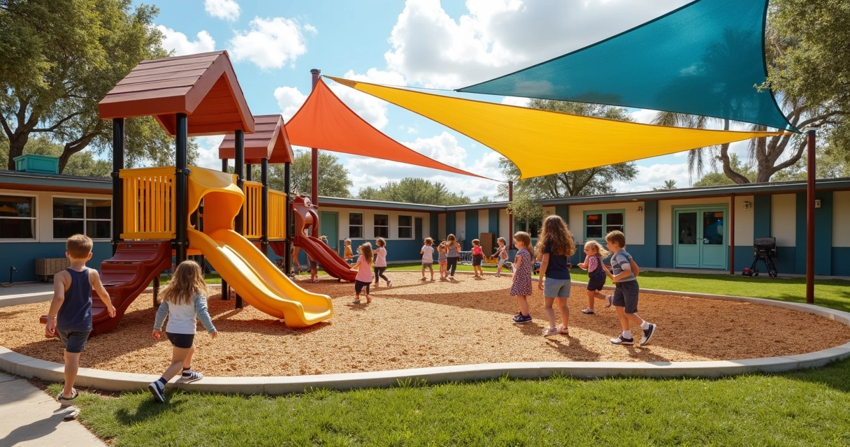 Children on a shaded playground with wood mulch and sun sails 