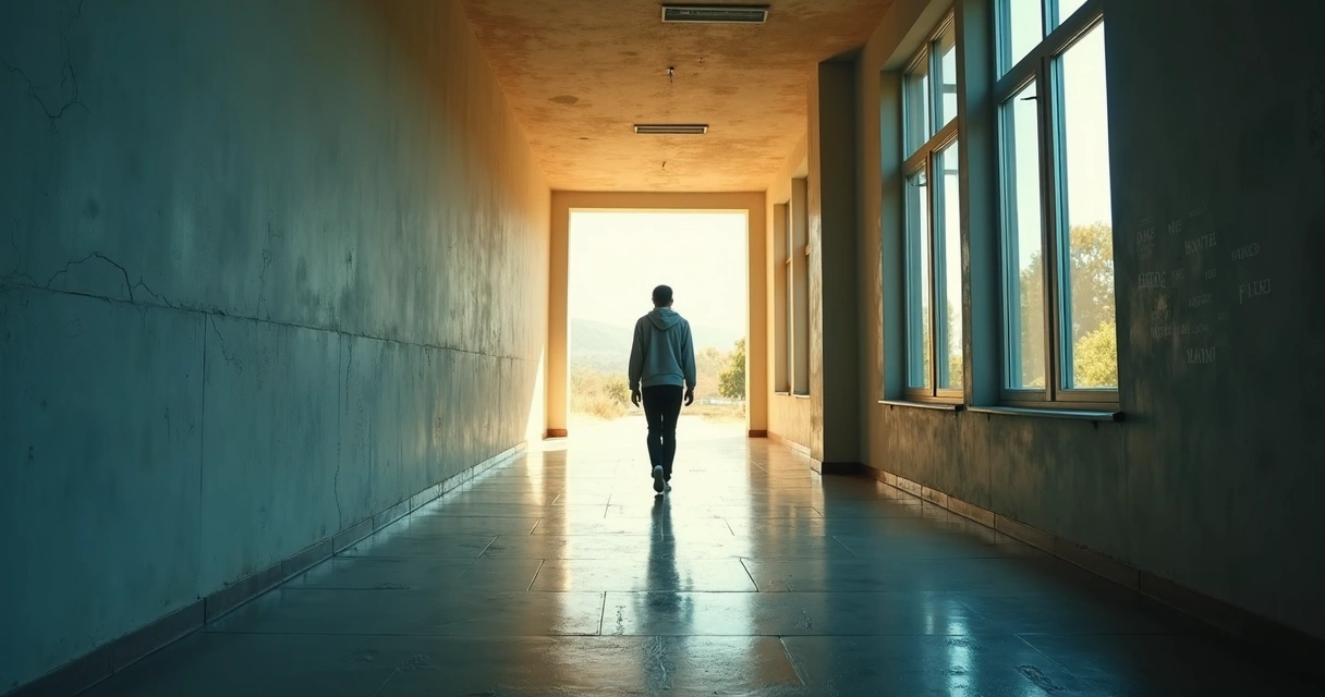 Person walking down a corridor split between shadow and warm light 