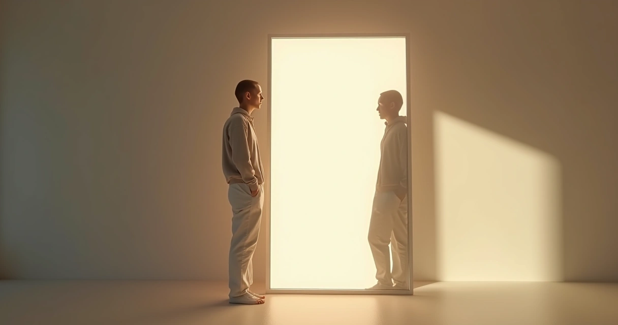 Person observing their reflection in a dimly lit room 