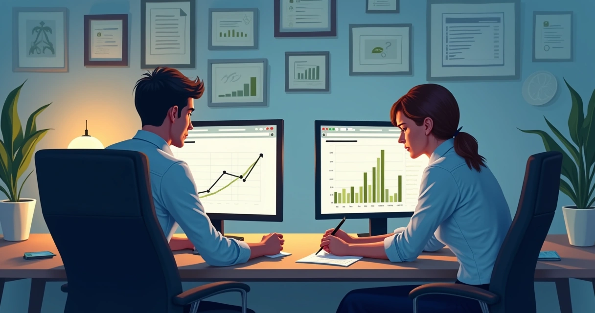 Two people in an office subtly competing by comparing achievements. 
