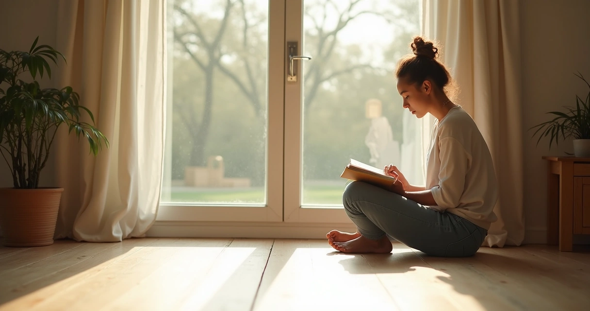 Person sitting on floor, thinking while looking at journal next to a window, soft afternoon light