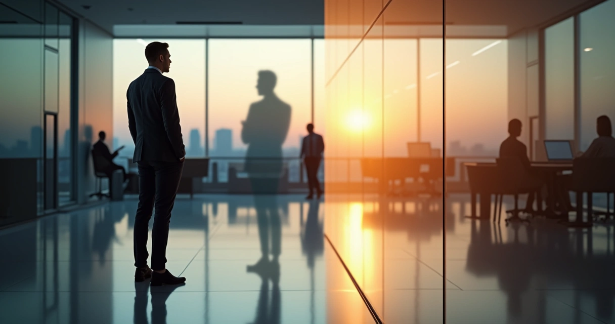Business professional facing shadow silhouette in modern office 