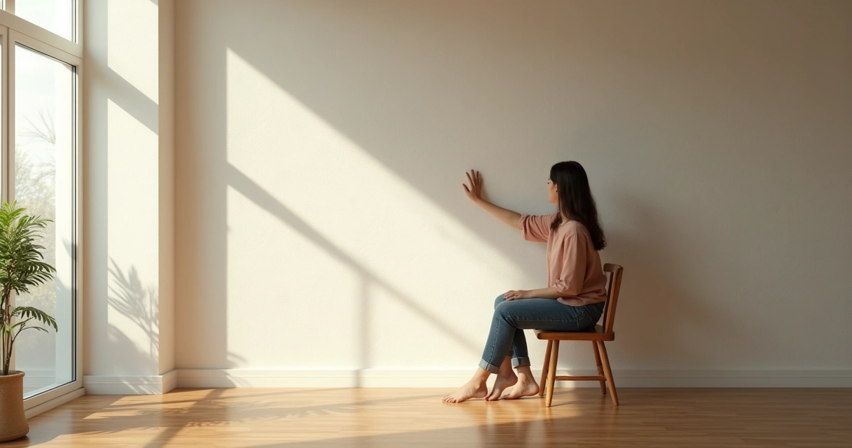 Person touching their own shadow on a textured wall 