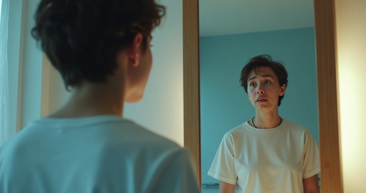 Person looking at their reflection in a mirror with mixed expressions 