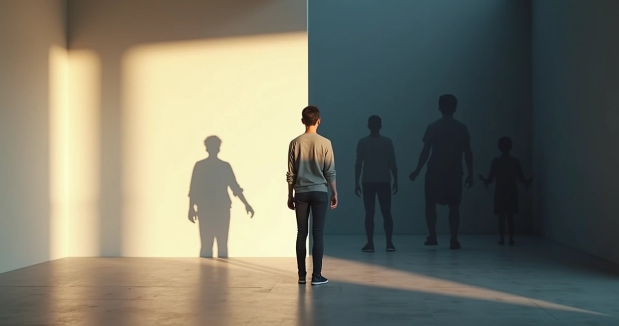 Person standing between light and shadow with emotional silhouettes around 