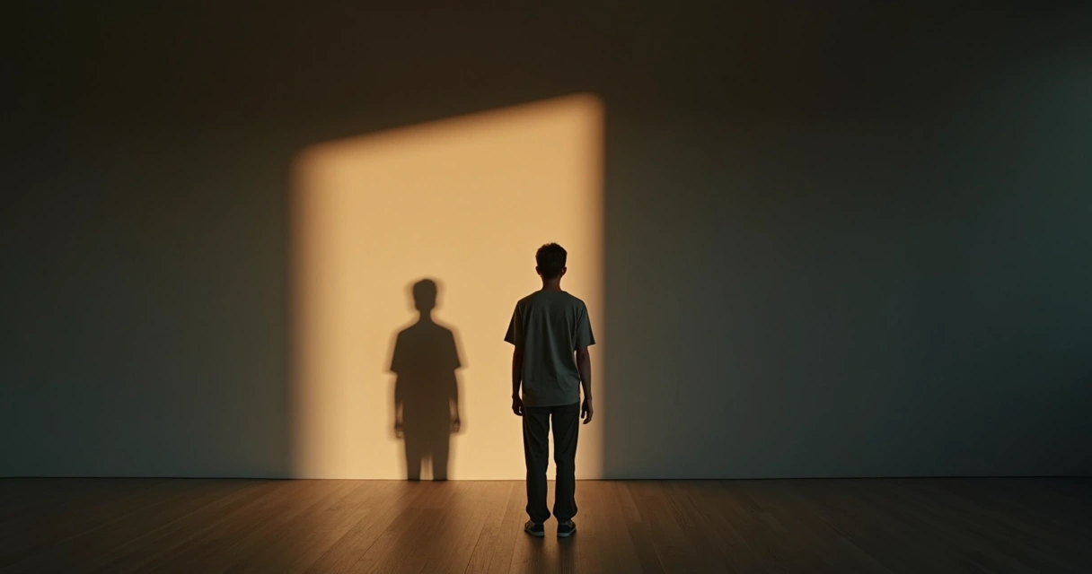 Person facing their own shadow silhouette in a dim room 