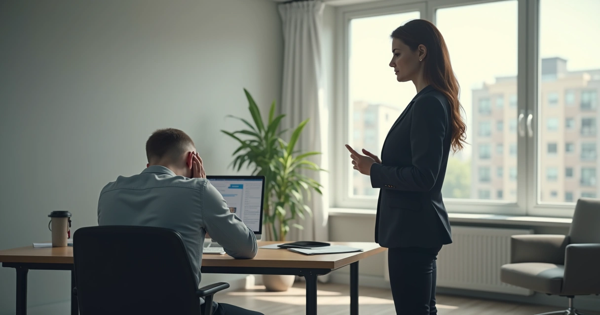 Two people in an office, one looking away troubled while the other seems open and composed 