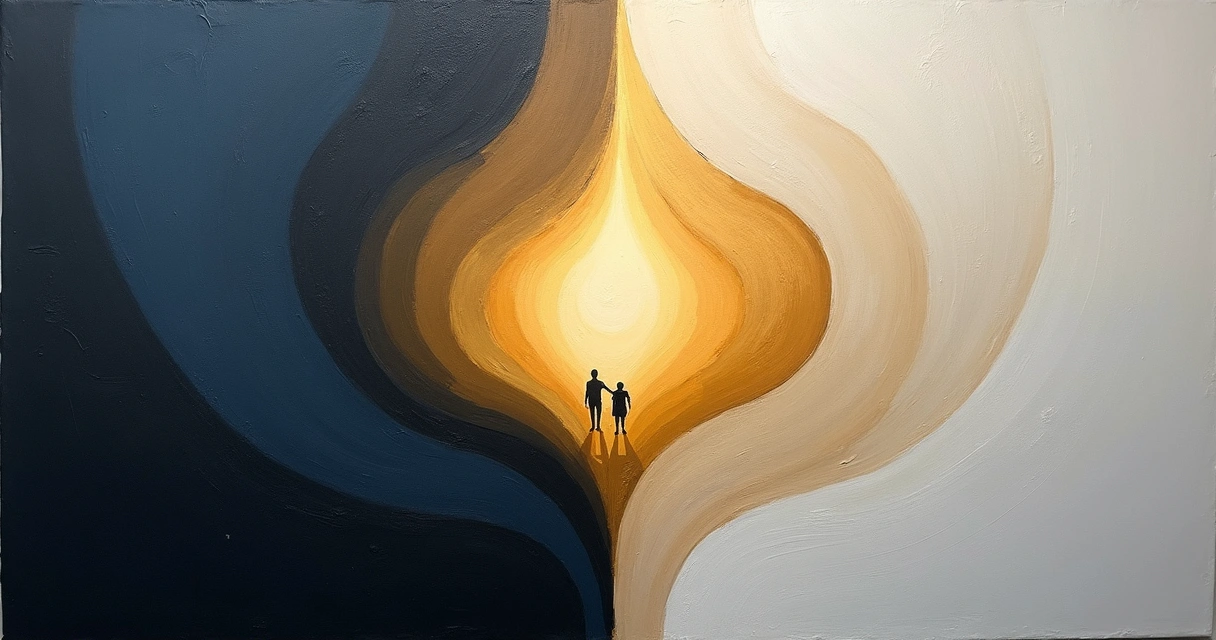 Abstract painting showing dark and light shapes blending together