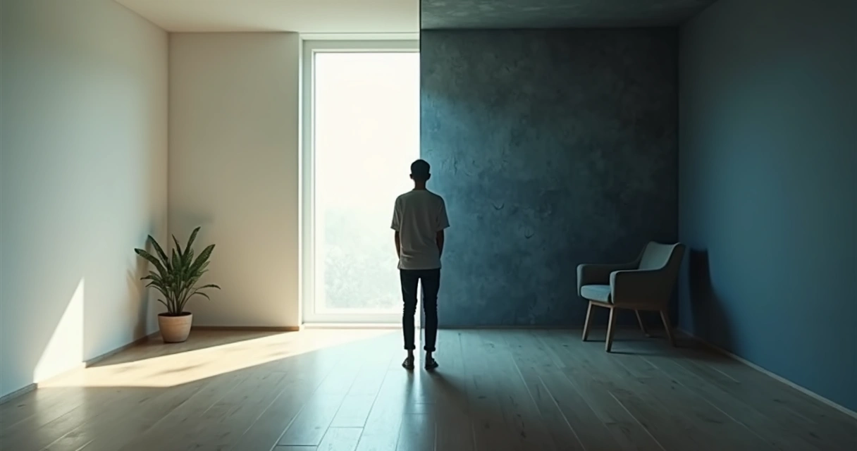 Person facing their shadow reflection in a split light and dark room 