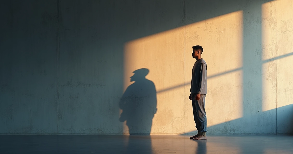 Person facing their shadow silhouette in a calm introspective landscape 