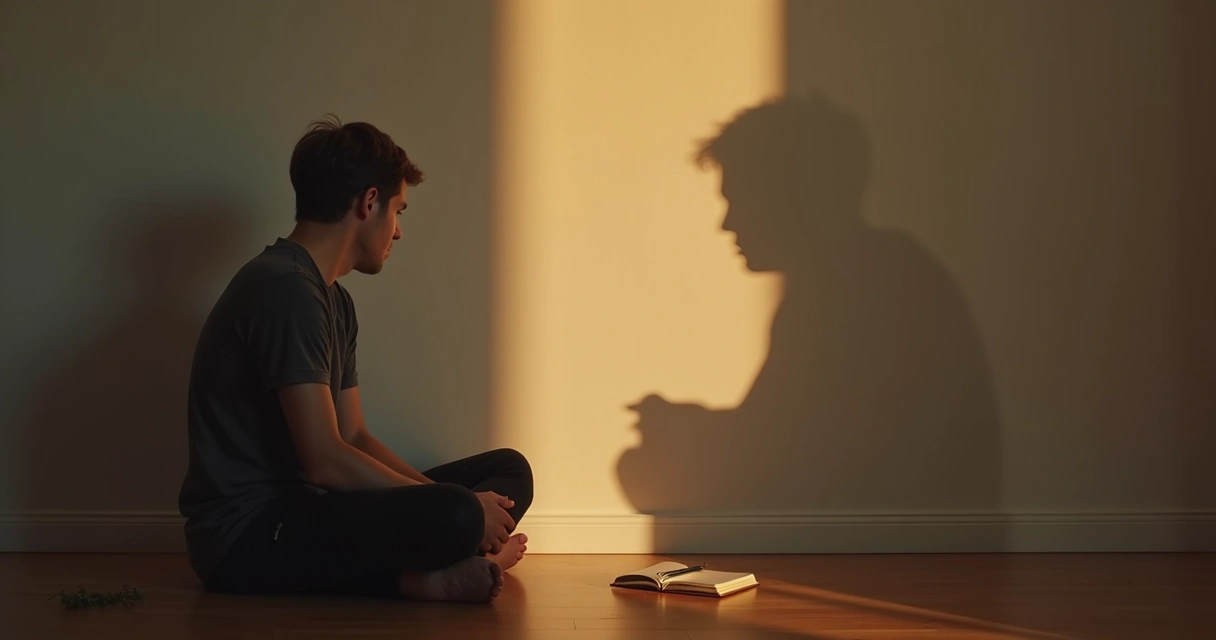 Person facing their shadow on a wall during contemplative self-reflection 