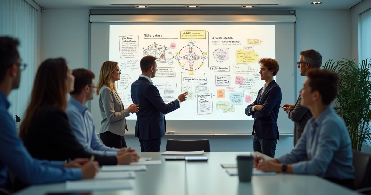 Team engaged in a reflective workshop with shadow concepts on a board 