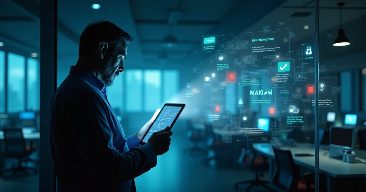 Gestor de TI iluminando aplicativo não autorizado em ambiente corporativo escuro 