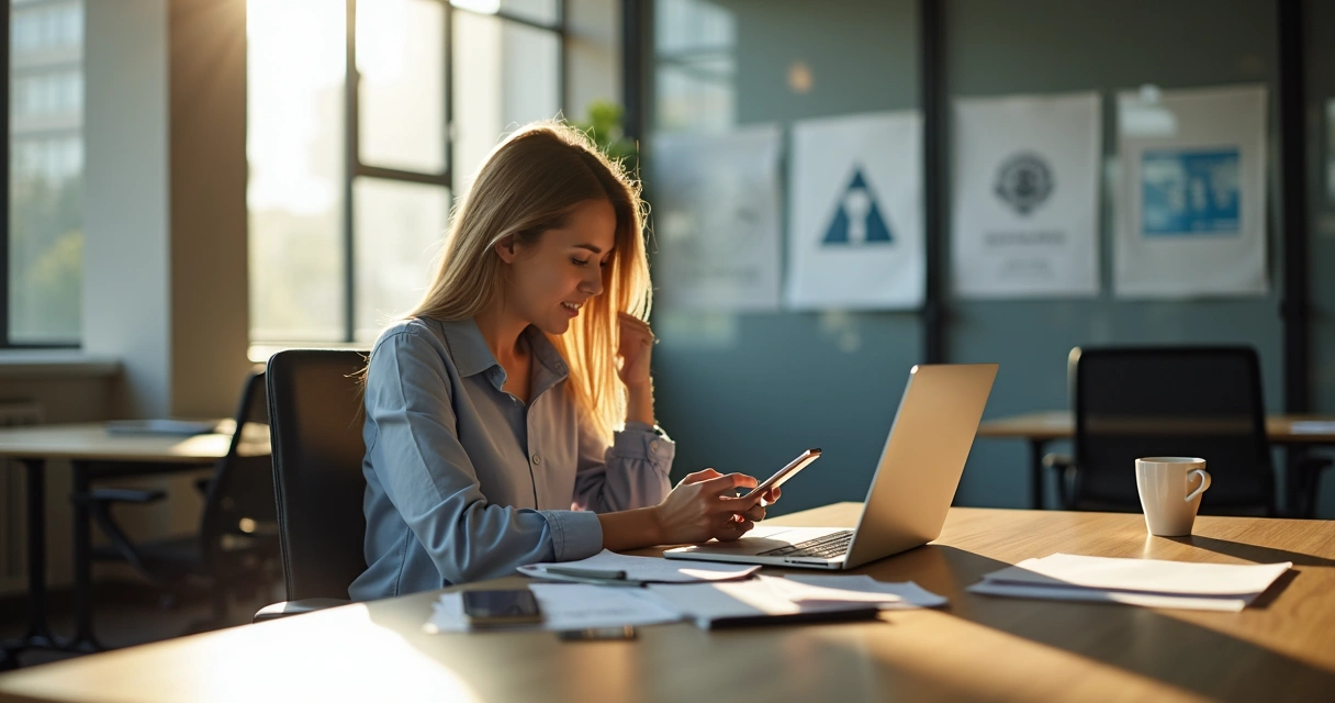 Employee in office secretly using a personal device for work tasks 