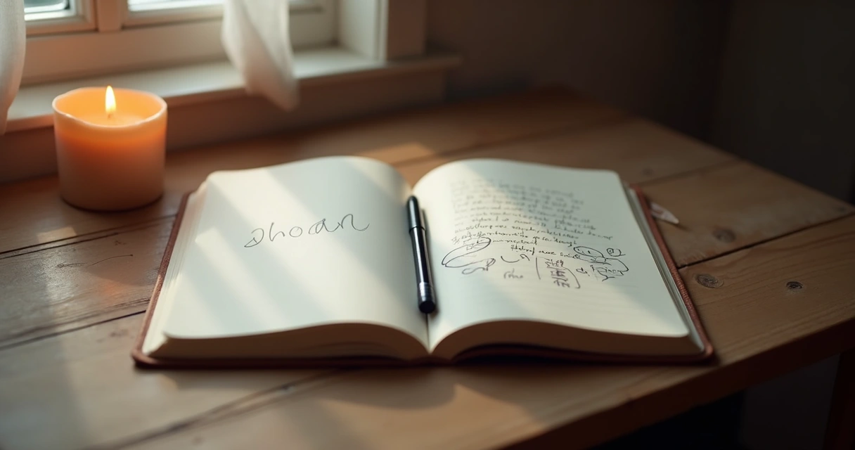 Open journal and pen on a wooden desk with a candle 