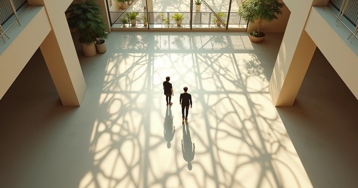 Silhouettes walking on a floor covered in complex overlapping shadows 