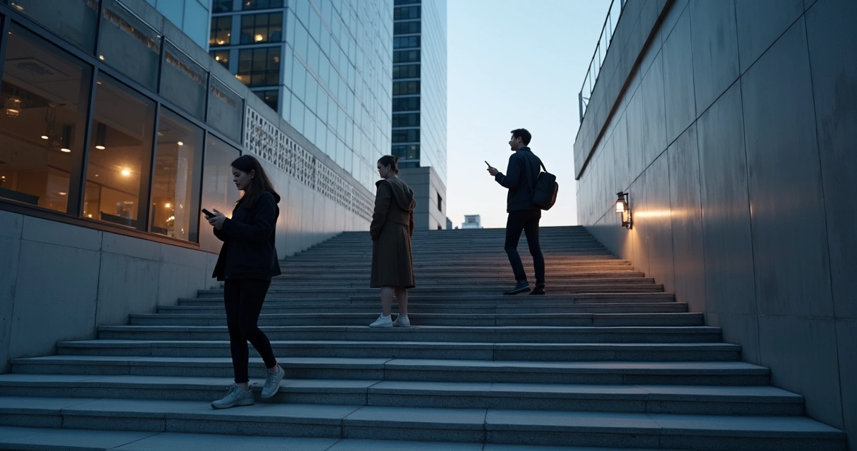 Silhouettes on city steps casting distorted competing shadows 