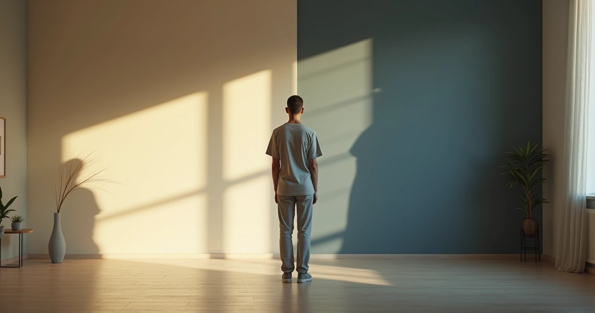 Person facing their shadow in a split light and dark room 