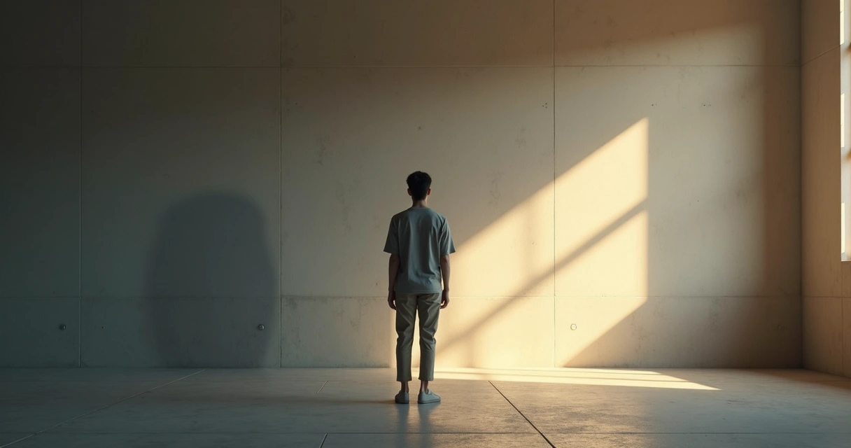 Person facing their shadow reflection in a dim room with light breaking through 