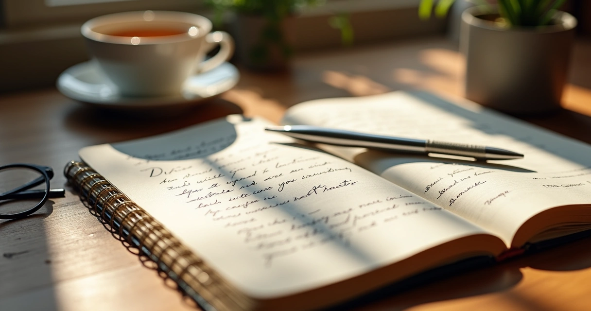 Open journal with handwritten notes about emotions and shadows, pen placed on top 