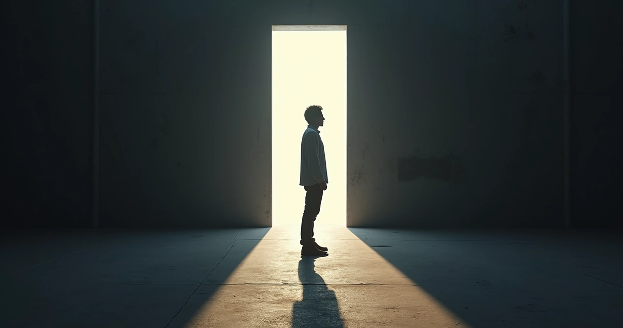 Silhouetted person facing their shadow in a doorway of light 