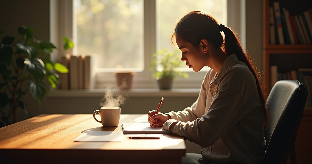Person sitting in a softly lit room writing in a journal on a wooden table