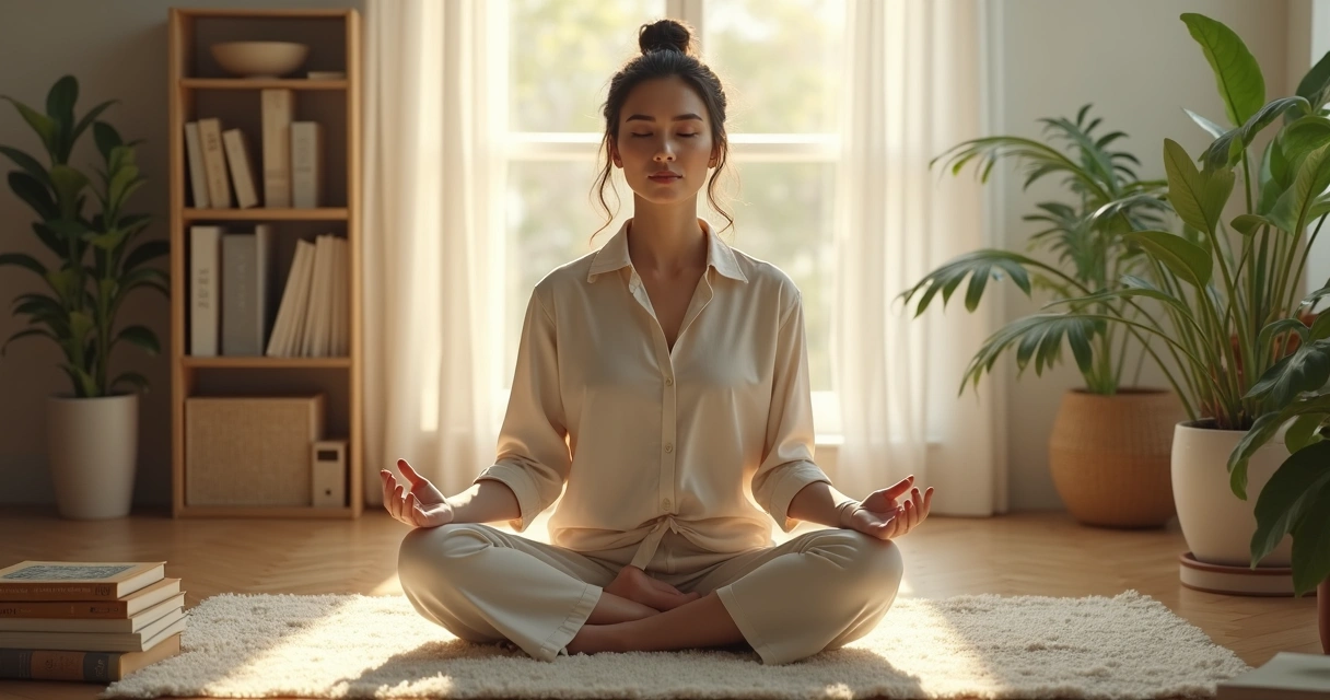 Woman sitting in soft light with thoughtful expression 