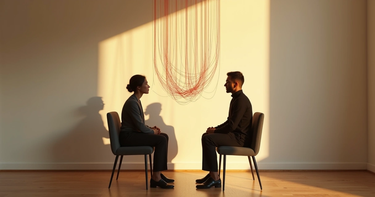 Silhouettes of two people connected by threads and overlapping shadows on a wall 