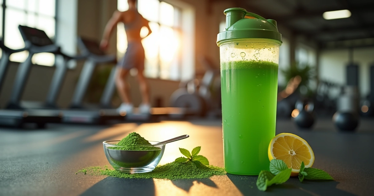 Copo de shake esportivo verde com moringa em academia moderna 