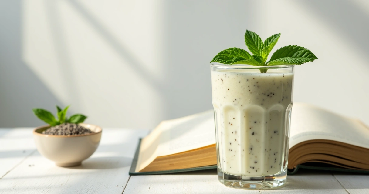 Copo transparente com shake vegano de cor clara e folhas ao lado 