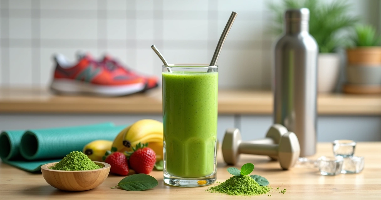 Shake verde de moringa ao lado de acessórios de esportes em bancada de madeira clara 