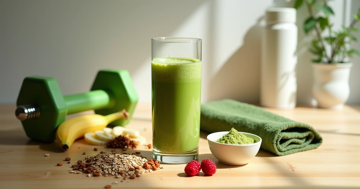 Shake verde com moringa ao lado de halteres e frutas 