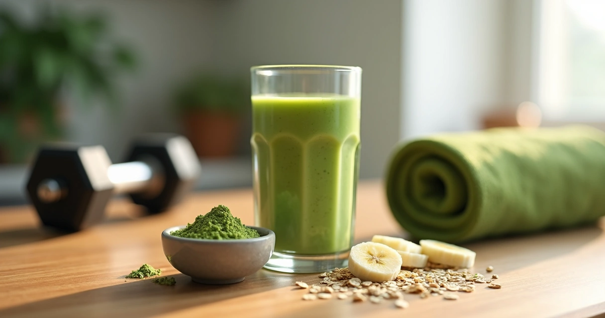 Shake verde com moringa ao lado de halteres 