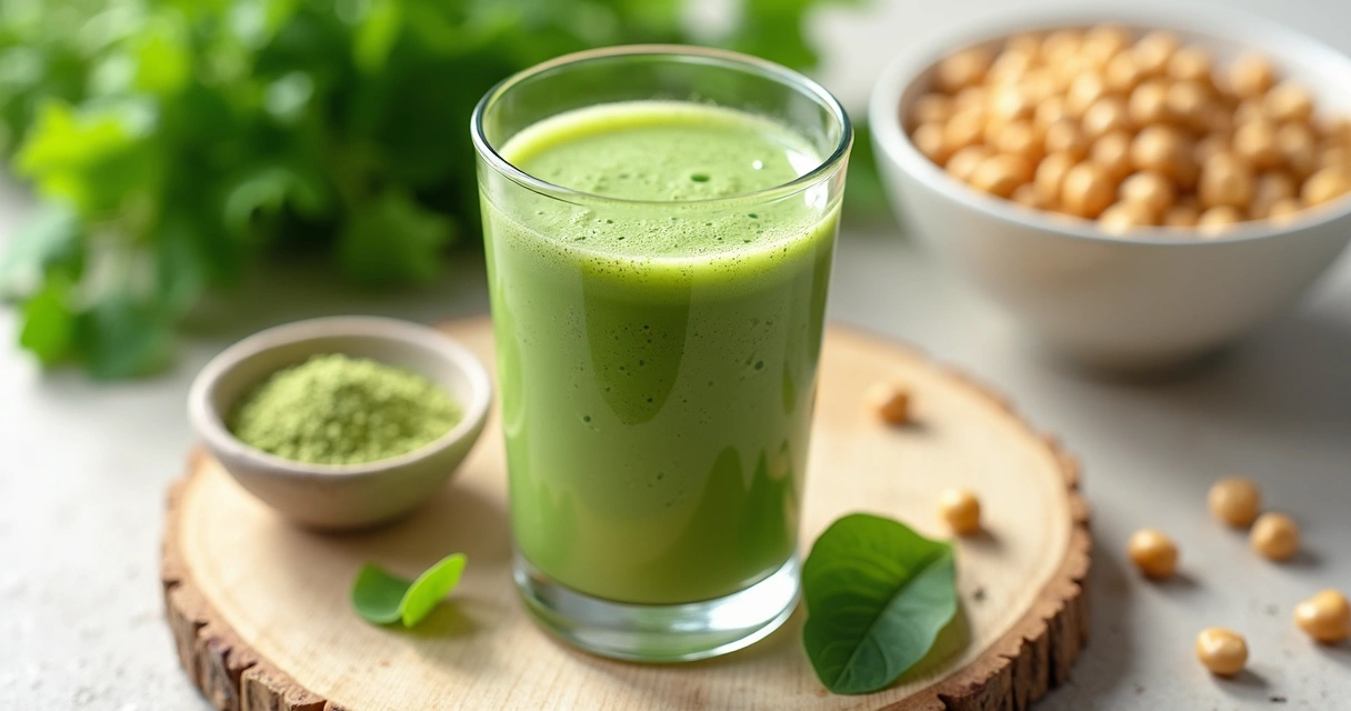 Shake verde servido em copo com pó de moringa ao lado 