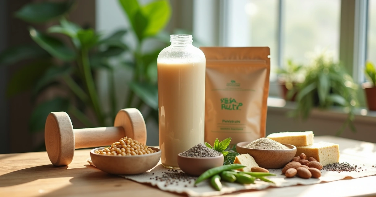 Copo de shake de proteína vegana cercado por alimentos vegetais e haltere de madeira 