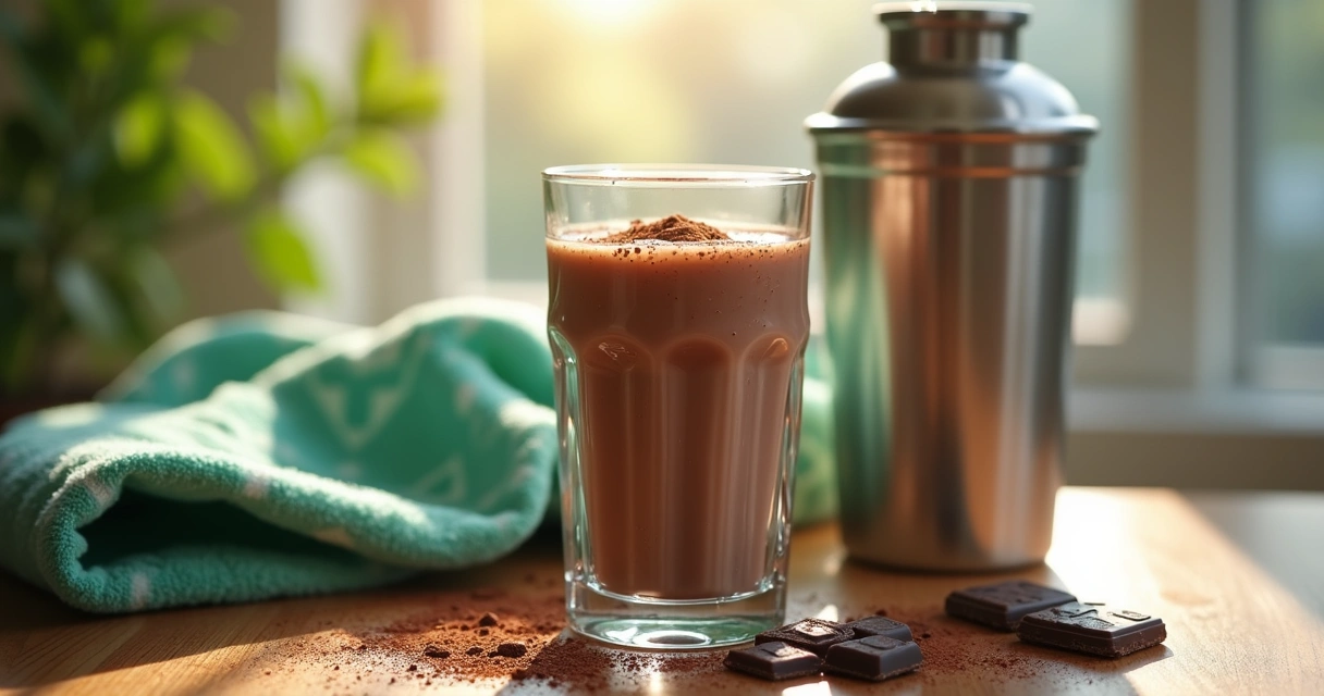 Shake de whey protein de chocolate com chocolate ao redor em uma mesa de madeira.