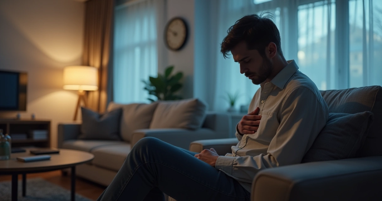 Person sitting in a living room with a tense posture, hand near chest