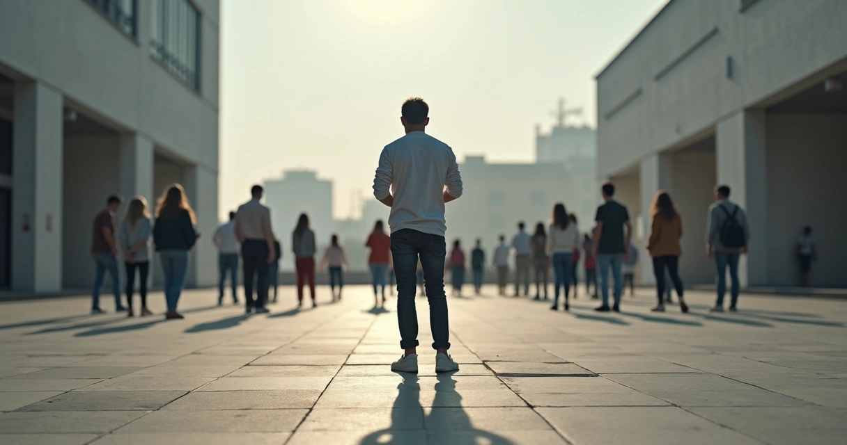 Person standing apart from a crowd with shadow connecting everyone 