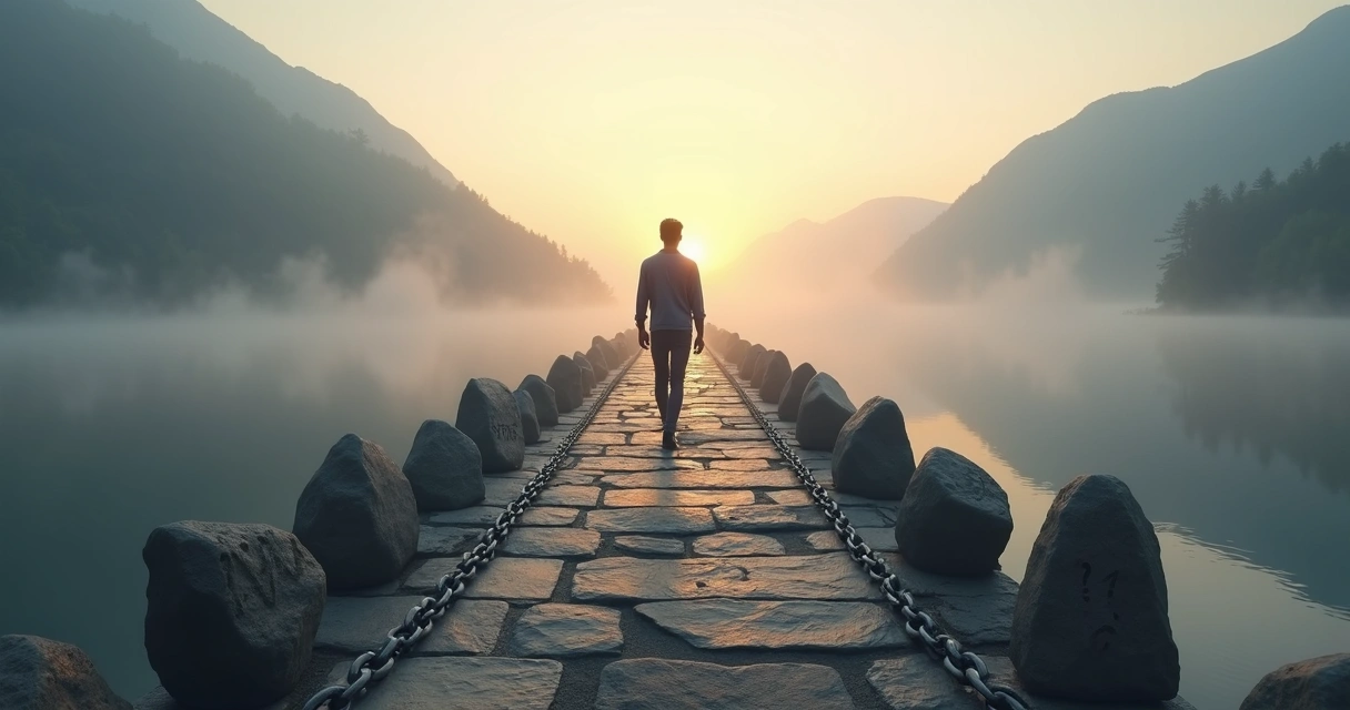 Person on a bridge choosing between heavy shame stones and lighter guilt pebbles 