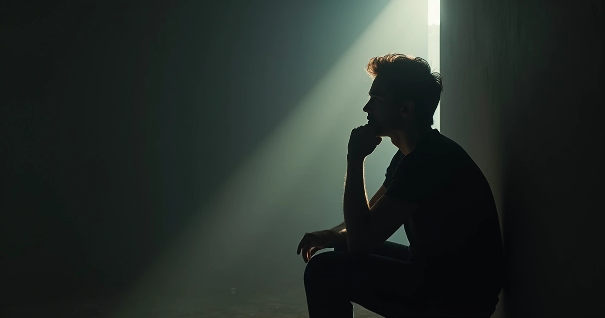 Silhouette of a person in a dark room with a small ray of sunlight shining through, illuminating their face as they look up in reflection. 