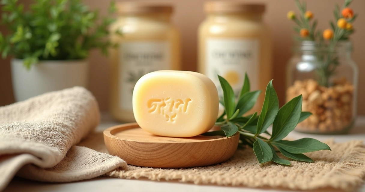 Barra de shampoo sólido natural ao lado de cabelo saudável e acessórios sustentáveis 