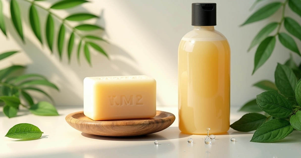 Shampoo sólido e shampoonete lado a lado sobre fundo claro, com elementos naturais ao redor como folhas verdes e saboneteira de madeira 